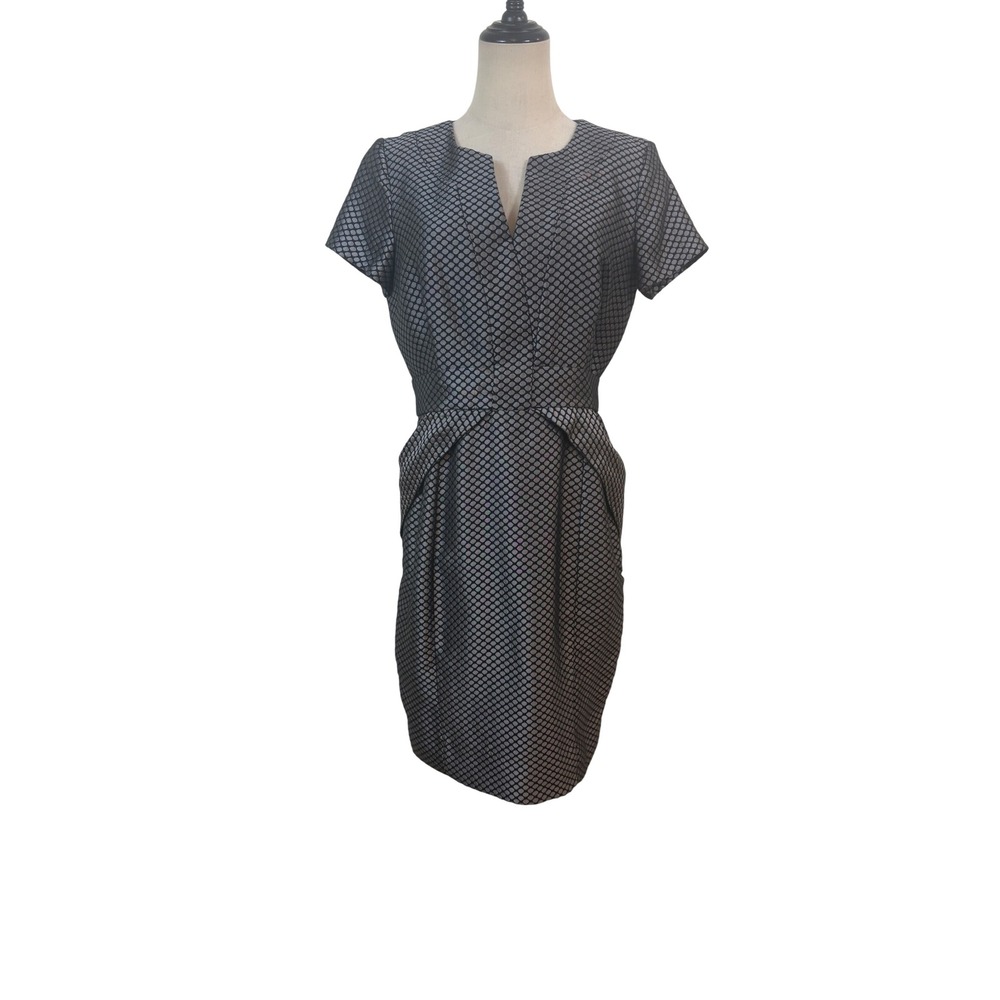 NUE by Shani Sheath Dress Size 6 Silver Black Metallic Jacquard Chic minimalist